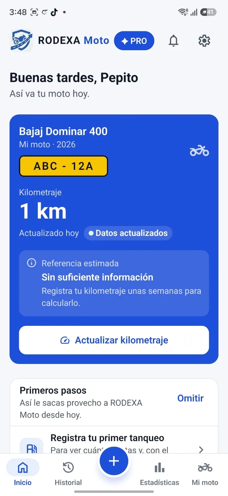 Pantalla de inicio de la app RODEXA Moto