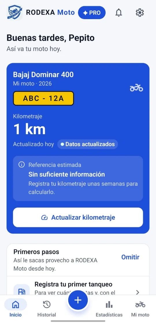 Inicio: tu moto, placa y kilometraje